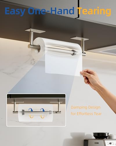 RUACQ Paper Towel Holder Under Cabinet, One Hand Tearing Paper Towel Holder with Damping Effect, Wall Mount & Adhesive Stainless Steel Paper Roll Holder for Kitchen Bathroom (Sliver) - color: Sliver, size: One Hand Tear - Rectangle