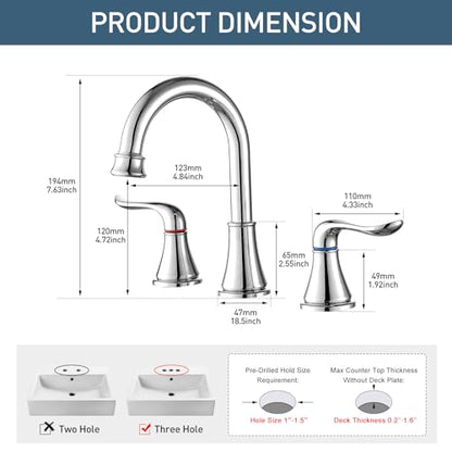 GENBONS Chrome Bathroom Faucet 3 Hole, 8 Inch Widespread Bathroom Sink Faucet 2-Handles Vanity Bath Faucets with Pop Up Drain - color: Chrome - W, style: Widespread Bathroom Faucet