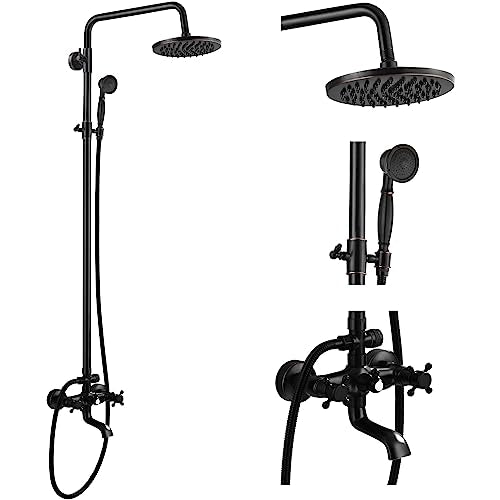 gotonovo Exposed Shower Faucet with Spout Oil Rubbed Bronze,Straight Pipe | Brass Bathroom Exposed Shower System,8’’ Rain Head,Swivel Tub Spout 2 Cross Handle,Adjustable Handheld Sprayer,Wall Mount - color: Bronze