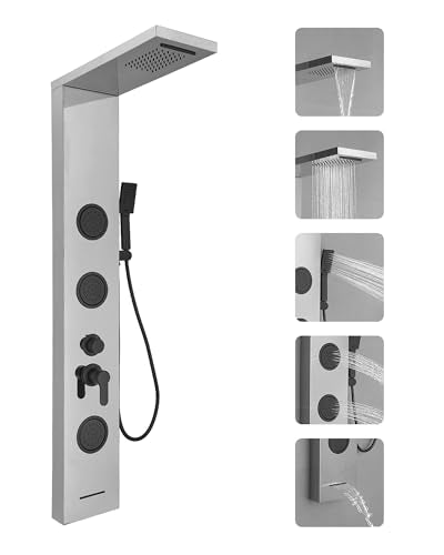 5 In 1 Shower Panel Brushed Nickel Shower Tower System | with Rainfall Waterfall Shower Head 3 Body Jets Handheld Shower Head and Tub Spout Modern Massage by Homevacious - color: Brushed Nickel