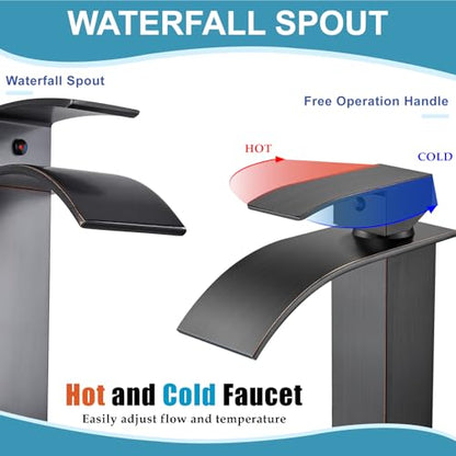 Midanya Waterfall Tall Bathroom Vessel Sink Faucet,Oil Rubbed Bronze | with 24” cUPC Water Hoses,Pop Up Drain without Overflow,for 1 hole Vanity,RV,Lavatory,Bowl,Farmhouse,SUS304,Single Handle - color: Bronze