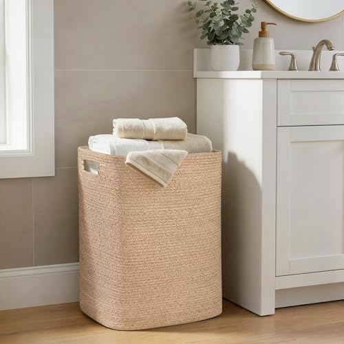 Large Laundry Hamper 16"x13"x22" - Tall Woven Baby Laundry Basket, Cotton Rope Clothes Hamper Bin, Wicker Storage Basket for Toys, Blankets, Nursery Bedroom Aesthetic, Soft Brown Hamper, 75L - color: Brown