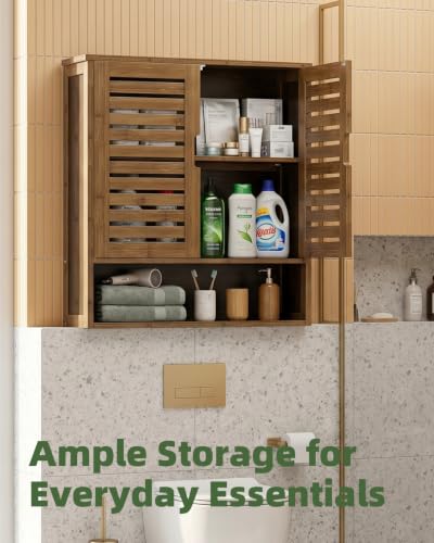 SMIBUY Bathroom Cabinet Wall Mounted, Bamboo Over-The-Toilet Storage Organizer, Space Saver Medicine Cabinet with 2 Door and Adjustable Shelves (Walnut) - color: Walnut