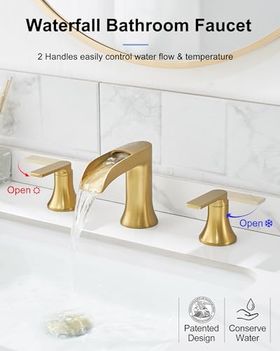 Brushed Gold Bathroom Faucet Waterfall, 4-16 Inch Brass Widespread Faucet for Bathroom Sink 3 Hole, 2 Handle Bathroom Sink Faucets for Modern Farmhouse Hotel with Pop-Up Drain & Supply Hose - color: Brushed Gold, style: WITH Pop Up Drain