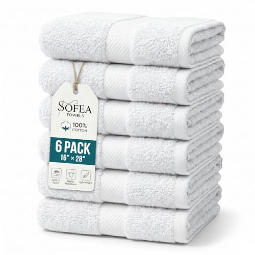Sofea Hand Towels 6 Pack (16 x 28 Inches) 100% Cotton Bathroom Towels, Soft Absorbent Quick Dry Hand Towels for Bathroom Kitchen - color: White