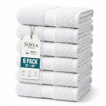 Sofea Hand Towels 6 Pack (16 x 28 Inches) 100% Cotton Bathroom Towels, Soft Absorbent Quick Dry Hand Towels for Bathroom Kitchen - color: White