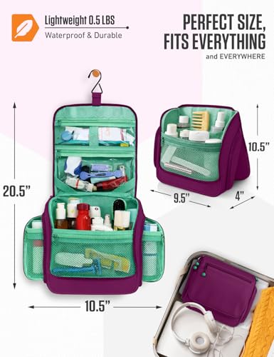 VENTURE 4TH Hanging Travel Toiletry Bag, 18 Compartments - Purple/Mint | Hangs on rails, hooks or doors; stands upright. Removable TSA pouch. Water-resistant Nylon 290D Twill, reinforced stitching. - color: Purple/Mint