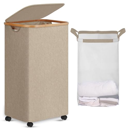 efluky Laundry Basket with Wheels, Tall Rolling Laundry Hamper with Lid and Removable Bag, Aesthetic Dirty Clothes Hamper on Wheels for Laundry Room, Bedroom, Dorm and Bathroom, 100L Oatmeal - color: Oatmeal, size: 100L