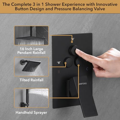 VANFOXLE Shower System, Matte Black Shower Faucet Set, Push Button Diverter | 16 Inch Ceiling Mount Rain Head, 6 Inch Wall Mount Head, 2-in-1 Handheld Sprayer, Solid Brass Valve, Rust Resistant - color: Matte Black, style: 16"+6" Head