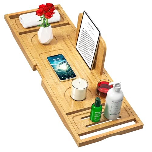 Bathtub Tray Caddy - Bath Tray - Bath Tub Tray Caddy - Bamboo Bath Table Tray for Tub - Expandable Size, Fits Most Tubs - color: Bamboo Natural Color