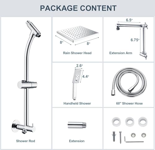 BRIGHT SHOWERS Rain Shower Heads System, Rainfall Shower Head with Handheld Spray Combo Includes Solid Brass Slide Bar, Height Adjustable Shower Holder, Shower Extension Arm and 60" Long Hose, Chrome - color: Chrome