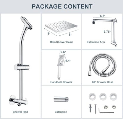 BRIGHT SHOWERS Rain Shower Heads System, Rainfall Shower Head with Handheld Spray Combo Includes Solid Brass Slide Bar, Height Adjustable Shower Holder, Shower Extension Arm and 60" Long Hose, Chrome - color: Chrome