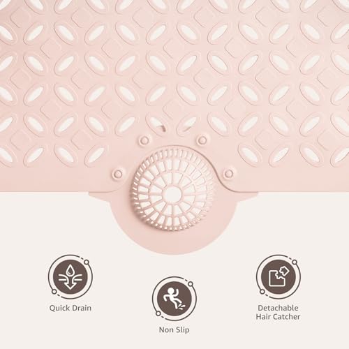 OTHWAY Bath Mat for Tub Non Slip: 39" X 17" Long Bathtub Mat with Hair Catcher│Big Drain Holes Shower Mats for Inside Shower│Machine Washable (Pink) - color: Pink