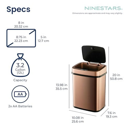 Ninestars 3 Gallon Automatic Trash Can, 12L Touchless Motion Sensor Bathroom or Bedroom Garbage Can with Odor-Sealing Lid, Rectangular Gold Stainless Steel Base, Black Lid - color: Rose Gold/Black