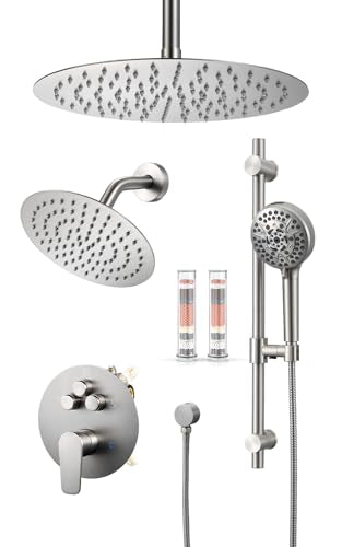Woindo Shower Faucet Set with Slide Bar, 12" Rain Shower Head/8'' Side Shower Head and 10 Setting Handheld Ceiling Mount 3 Push Button Diverter Complete Rainfall Shower System Included Valve Trim Kit - color: Brushed Nickel, style: 12"-R-Ceiling-02
