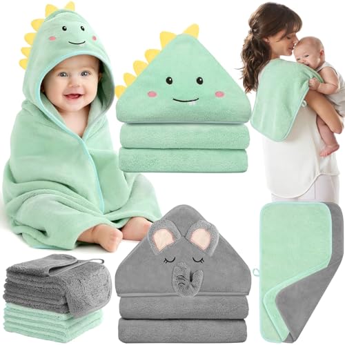 12 Pcs Baby Towel Set, Soft Baby Bath Towels and Washcloths Set, 2 Pcs Hooded Baby Towel, 2 Pcs Baby Burp Cloths and 8 Pcs Baby Washcloths for Infants, Toddlers and Kids (Dinosaurs & Elephants) - color: Dinosaurs & Elephants-12pcs