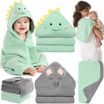 12 Pcs Baby Towel Set, Soft Baby Bath Towels and Washcloths Set, 2 Pcs Hooded Baby Towel, 2 Pcs Baby Burp Cloths and 8 Pcs Baby Washcloths for Infants, Toddlers and Kids (Dinosaurs & Elephants) - color: Dinosaurs & Elephants-12pcs