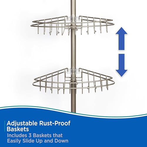 Kenney KN61520 Adjustable Height (5'-9') Spring Tension Metal Corner Pole Shower Caddy with 3 Adjustable Rust-Proof Basket Shelves, Towel Bars, and Razor Holders for Bathroom Shower, Satin Nickel