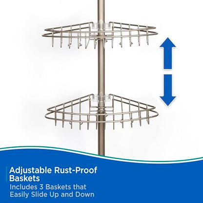 Kenney KN61520 Adjustable Height (5'-9') Spring Tension Metal Corner Pole Shower Caddy with 3 Adjustable Rust-Proof Basket Shelves, Towel Bars, and Razor Holders for Bathroom Shower, Satin Nickel