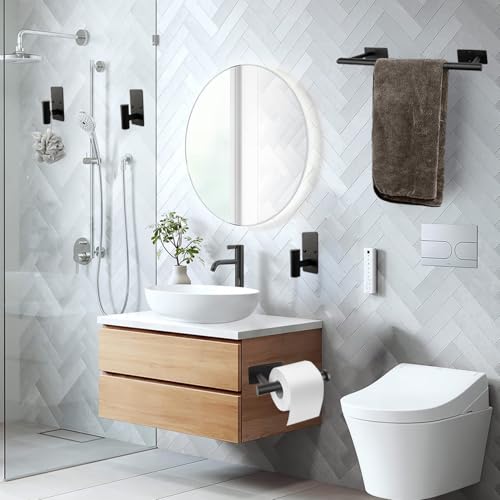 5 PCS Self Adhesive Bathroom Hardware Set, Stainless Steel Towel Rack Set Include 16In Bath Towel Bar+Toilet Paper Holder+3 Towel/Robe Hooks No Drill Bathroom Accessory Kit(Matte Black) - color: Matte Black, size: 16 In-5 Pcs
