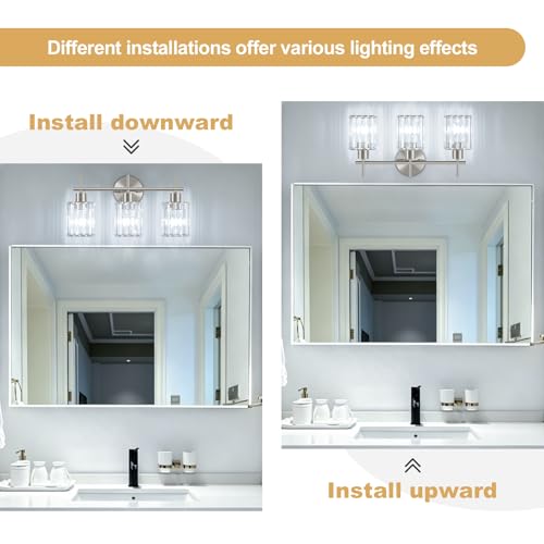 Brushed Nickel Bathroom Light Fixtures, Square, 3-Light | Vanity Lights with Crystal Shades, Modern Bathroom Lighting Fixtures over Mirror (Bulbs Not Included, E26) - color: Brushed Nickel (Square), size: 3-Light