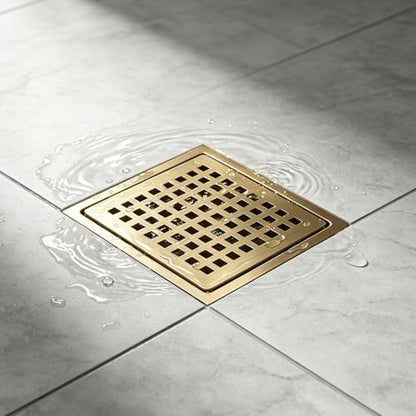 Square Shower Floor Drain, Matte Black Finish, Grid Pattern Strainer Cover (Gold, Grate) - color: Gold