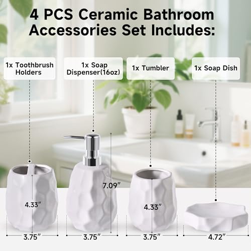 Ceramic Bathroom Accessories Set 4 PCS,Include 16 oz Soap Dispenser,Toothbrush Holder,Tumbler,Soap Dish,Textured Bathroom Counter Set (White) - color: White Ceramic 4 Pcs