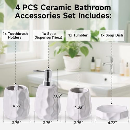 Ceramic Bathroom Accessories Set 4 PCS,Include 16 oz Soap Dispenser,Toothbrush Holder,Tumbler,Soap Dish,Textured Bathroom Counter Set (White) - color: White Ceramic 4 Pcs