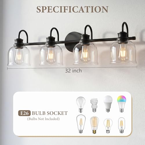 URSOLA 4 Lights 32" Bathroom Vanity Light Fixtures, Matte Black Traditional Classic Vanity Light with Clear Glass, Bathroom Lighting Fixtures Over Mirror - color: Black, size: 4 Lights