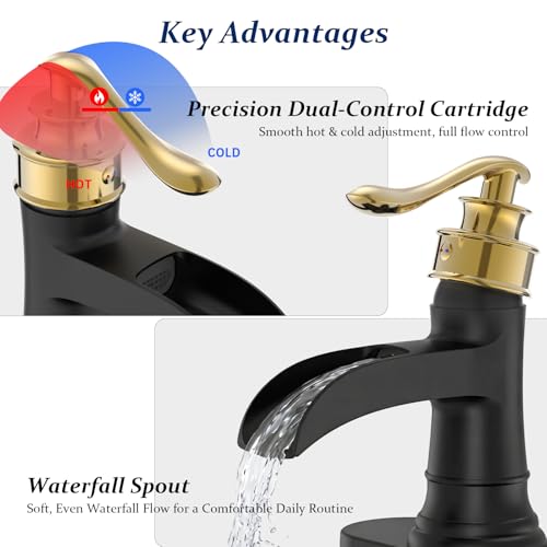 BWE Solid Bass Waterfall Bathroom Sink Faucet, Black & Gold for Farmhouse | Wide Waterfall Spout, Ceramic Cartridge, Fits 1 or 3-Hole Sink, Single Handle, Hardware Kit Included, Not for Vessel Sink - color: Black & Gold