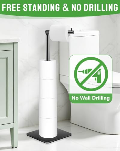 Free Standing Toilet Paper Holder, Bathroom Toilet Paper Stand with Shelf Hold 4 Paper Rolls, Modern Square Base Tissue Roll Storage Holder, Black, Naturous
