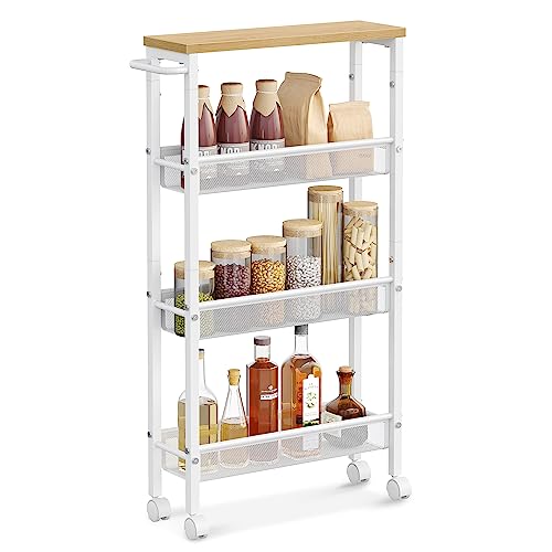 VASAGLE Slim Rolling Cart, 4-Tier, 5.1 Inches Deep, Steel Frame | Storage Cart with Handle, Narrow for Kitchen, Living Room, Golden Oak and Matte White, DACEY Collection ULRC032W09 - color: Oak Beige + Classic White, size: 4 Tiers (5.1"D x 30.3"H)