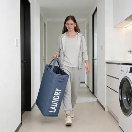 Narrow Laundry Hamper, Skinny Laundry Basket, 45L Blue, 21" | Slim Laundry hamper for Small Spaces laundry bag with handle, Foldable clothes hampers for laundry basket organizer - color: Denim Blue