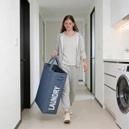 Narrow Laundry Hamper, Skinny Laundry Basket, 45L Blue, 21" | Slim Laundry hamper for Small Spaces laundry bag with handle, Foldable clothes hampers for laundry basket organizer - color: Denim Blue