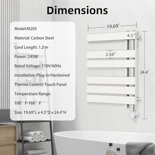 P&Dlusir M205 Electric Towel Warmer, White, H19.69 x W19.69 | Heated Towel Rack, No Preheat, Fast Dry, Precise Timer, Plug-in/Hardwired - color: White, size: 24.4"H x 19.69"L
