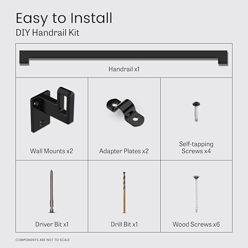Modern Aluminum Handrail Complete DIY Kit – Matte Black with Adjustable Wall Mount Brackets Included (3' Length) - size: 3' length