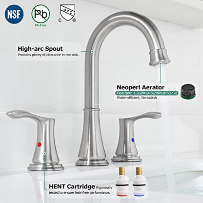 Brushed Nickel Widespread Bathroom Sink Faucet 8 Inch for Vanity | with All Metal Pop Up Drain, High Arc 2 Handle Lead-Free Deck Mount Bathroom Faucet for 3 Hole Lavatory Utility Sink - color: Brushed Nickel