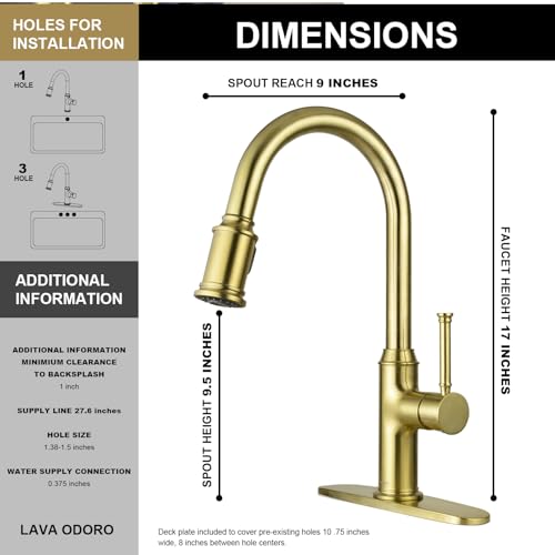 Lava Odoro Brushed Gold Kitchen Faucet with Pull Down Sprayer | Single Handle Kitchen Sink Faucet with 3-Function Sprayer, Deck Plate Included, 1.8GPM, KF421-SG - color: Brushed Gold, style: Standard