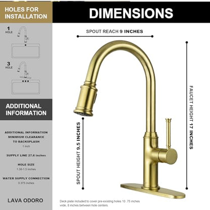 Lava Odoro Brushed Gold Kitchen Faucet with Pull Down Sprayer | Single Handle Kitchen Sink Faucet with 3-Function Sprayer, Deck Plate Included, 1.8GPM, KF421-SG - color: Brushed Gold, style: Standard