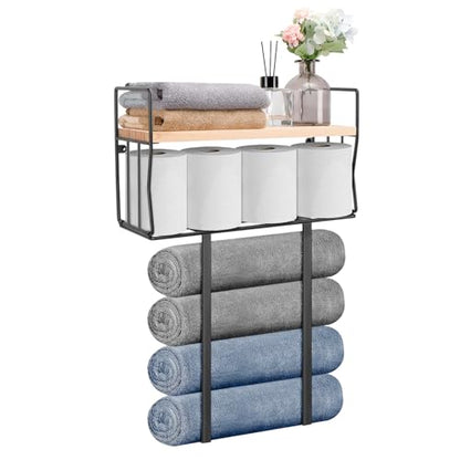 Livabber Towel Racks for Bathroom, Metal Towel Storage Holder for Roll Towels, Wall Mounted Towel Organizer with Storage Basket and Wooden Shelf for Small Spaces (Black)