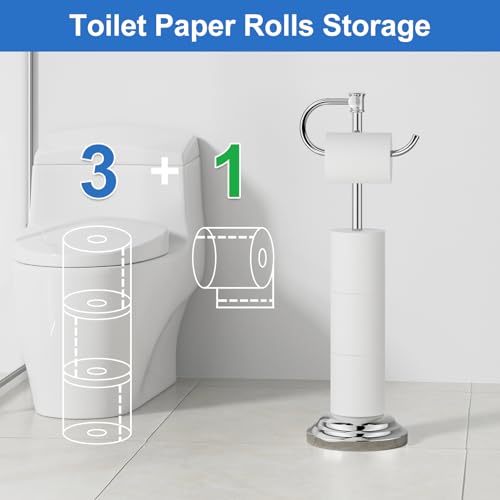 RUMOSE Toilet Paper Holder Stand for Floor Free Standing, Chrome | Bathroom Freestanding Toilet Tissue Roll Holder with Storage, Adjustable 17-25 Inch, Rustproof, SUS304 Stainless Steel - color: Chrome