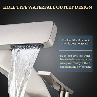 becola Bathroom Sink Waterfall Faucet,Solid Brass Single Handle Hot and Cold Water Mixer Tap, Lavatory Vanity Sink Faucet Including Two US Standard 3/8" Hoses(Brushed Nickel) - color: Brushed Nickel
