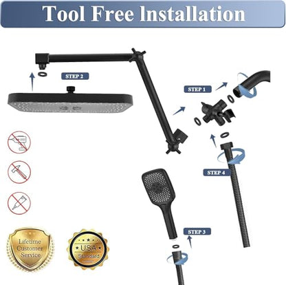 14 Inch Large Shower Head with Handheld Spray Combo and Extention Arm, Rain Rainfall Waterfall High Pressure Shower Heads, Modern Showerhead with 3-Way Diverter - Height/Angle Adjustable(Matte Black) - color: Black, size: 14 Inch