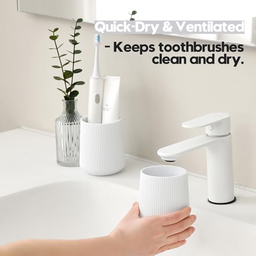 YAUKPH White Striped Toothbrush Holder | for Electric Toothbrushes Bathroom Organizer Cup for Toothpaste Kids & Adults - color: White Ribbed