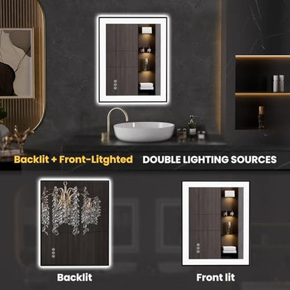 LOAAO 24"X30" LED Bathroom Mirror Black Framed | Anti-Fog, Dimmable, Memory Function, Tempered Glass, Lighted Vanity Mirror for Wall - size: 24"L x 30"W