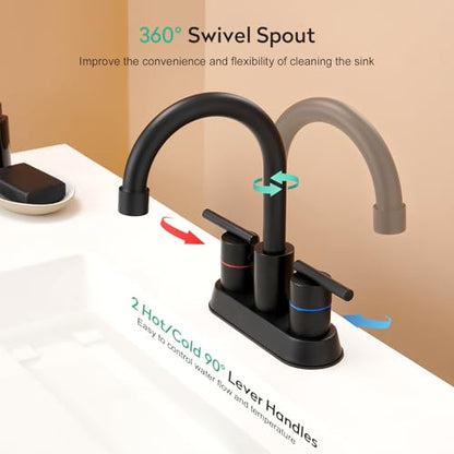 Faustina Matte Black Bathroom Faucet, 4 Inch Centerset Bathroom Faucets for Sink 2 Hole 3 Holes，Two Handles 304 Stainless Steel Faucet with Pup up Drain and 2 cUPC Water Supply Lines for RV Vanity - color: Black, style: Modern Centerset