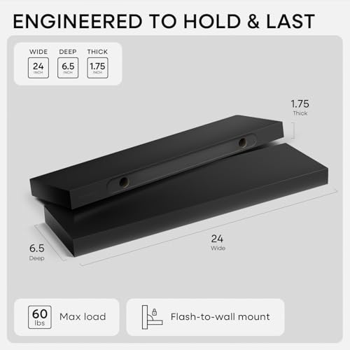 Black Floating Shelves 24 inch, High End Solid Real Wood 24inch Bathroom Floating Shelf for Wall Mounted, Black Wooden 24in Floating Shelves, Heavy Duty Bracket, 24 X 6.5 X 1.75 in, Set of 2 - color: Modern Black - Rich Neutral Satin, size: 24 inch