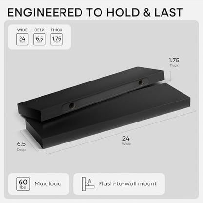 Black Floating Shelves 24 inch, High End Solid Real Wood 24inch Bathroom Floating Shelf for Wall Mounted, Black Wooden 24in Floating Shelves, Heavy Duty Bracket, 24 X 6.5 X 1.75 in, Set of 2 - color: Modern Black - Rich Neutral Satin, size: 24 inch