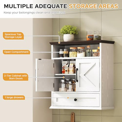 Bathroom Wall Cabinet, Wall Mounted Medicine Cabinet 24.4"H x 23.6"W x 9"D | With Drawer, Barn Doors & Adjustable Shelf, White Over Toilet Farmhouse Storage Cabinet for Kitchen, Laundry Room, Entryway - color: White