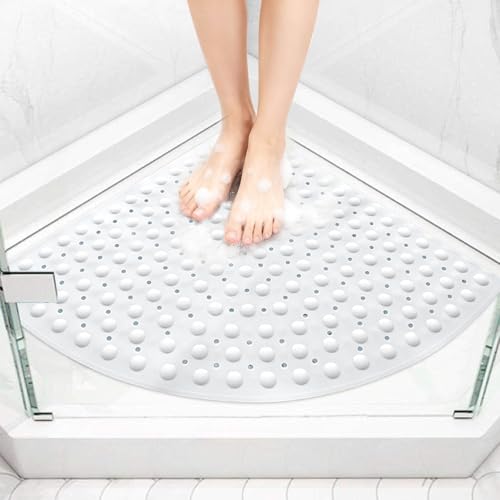 Shower Mat Non Slip: 27.5 X 27.5 Inch Large Corner Shower Mats for Inside Shower - Soft TPE Shower Floor Mat Anti Slip - color: White, size: 27.5" x 27.5" (Triangular)